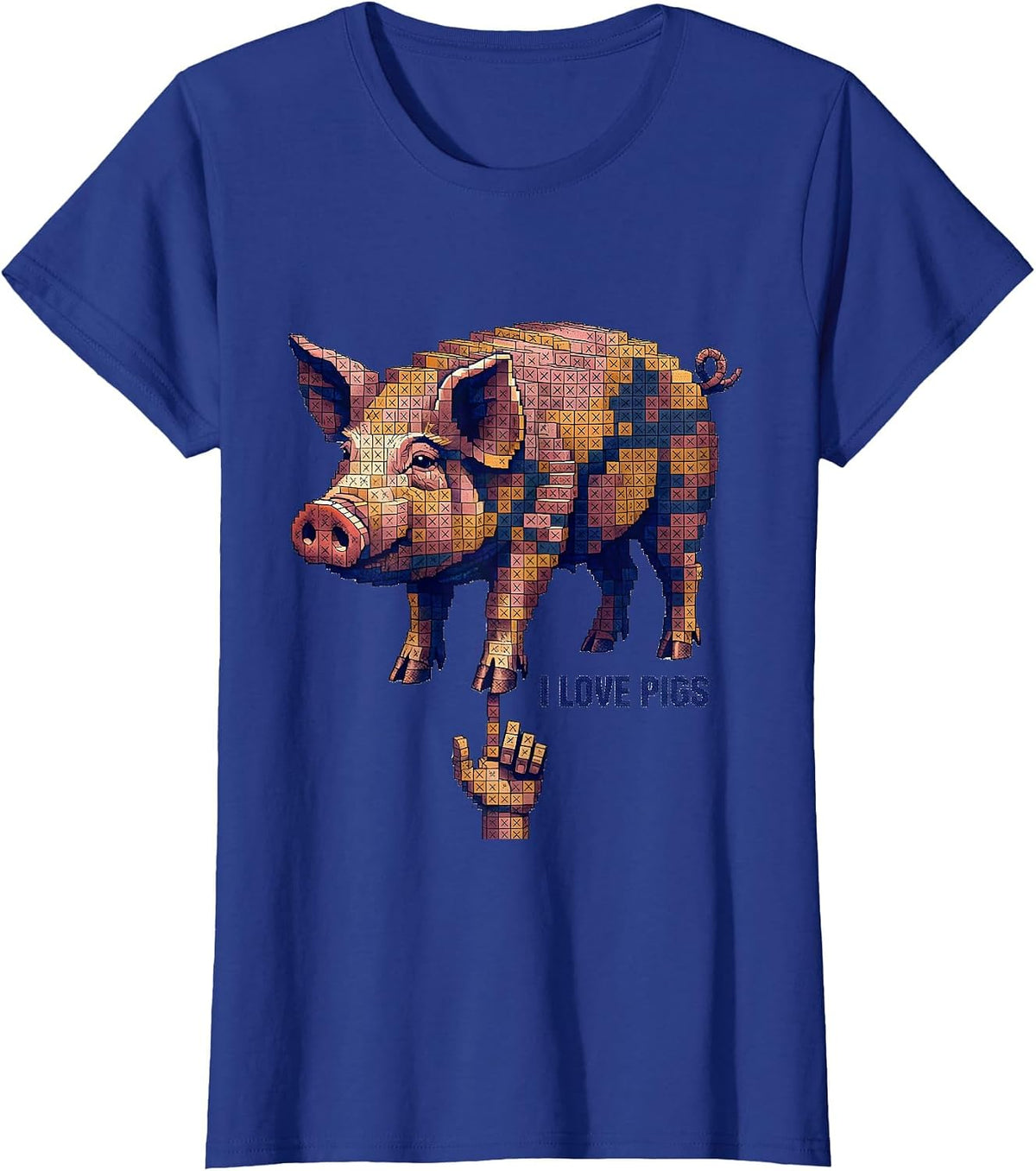 Women's I Love Pigs Funny Farm Animal Lover Cross Stitch Sampler T-Shirt - Royal Blue
