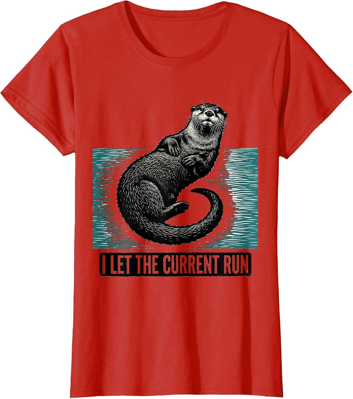 I Let The Current Run Funny Sea Otter Linocut Otter Lover T-Shirt - Red