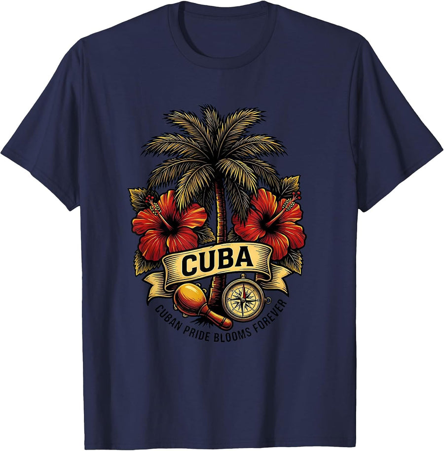 Cuban Heritage Watercolor Tropical Floral Design T-Shirt - Navy Blue