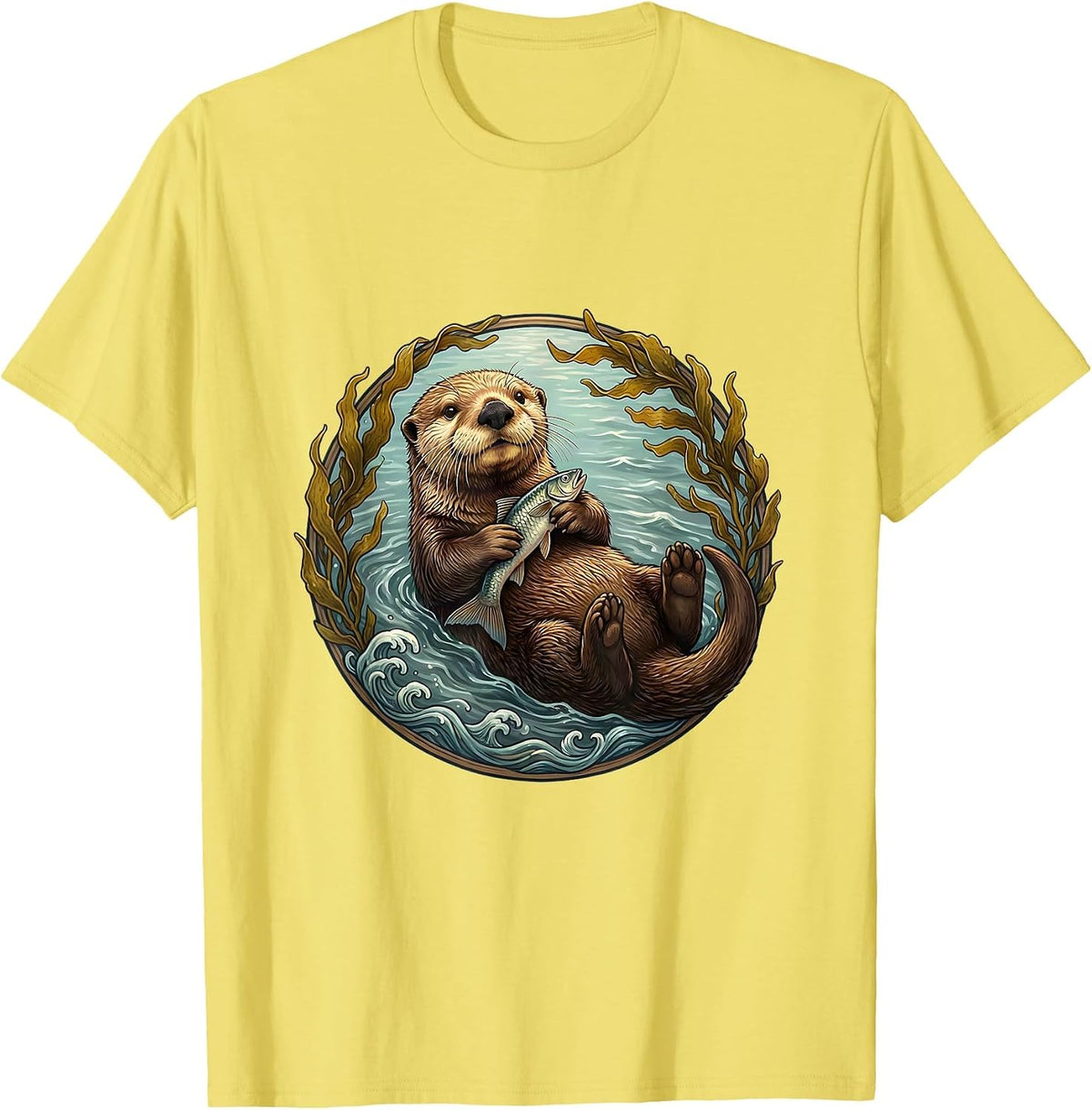 Men's Sea Otter Floating With Fish Illustration T-Shirt - Lemon Yellow