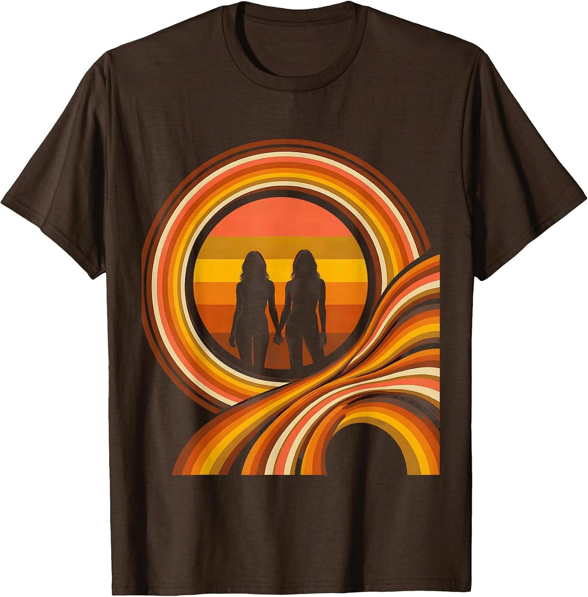 Two Women Holding Hands at Sunset Lesbian Pride T-Shirt - Brown