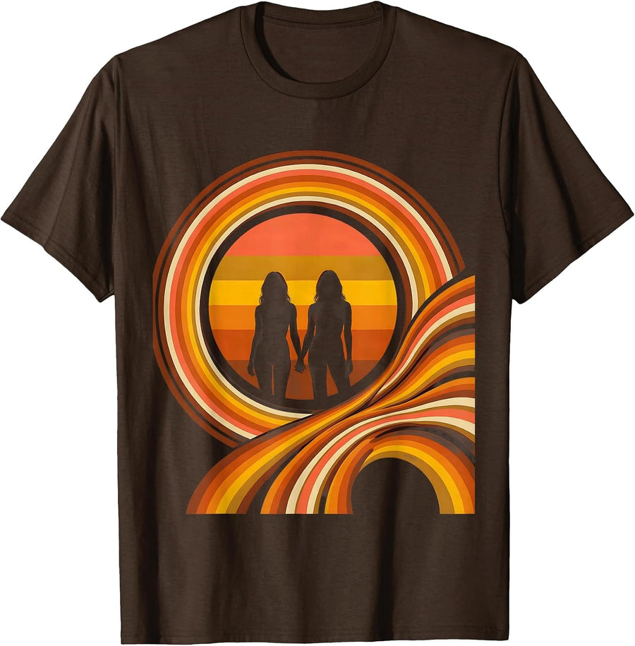 Two Women Holding Hands at Sunset Lesbian Pride T-Shirt - Brown