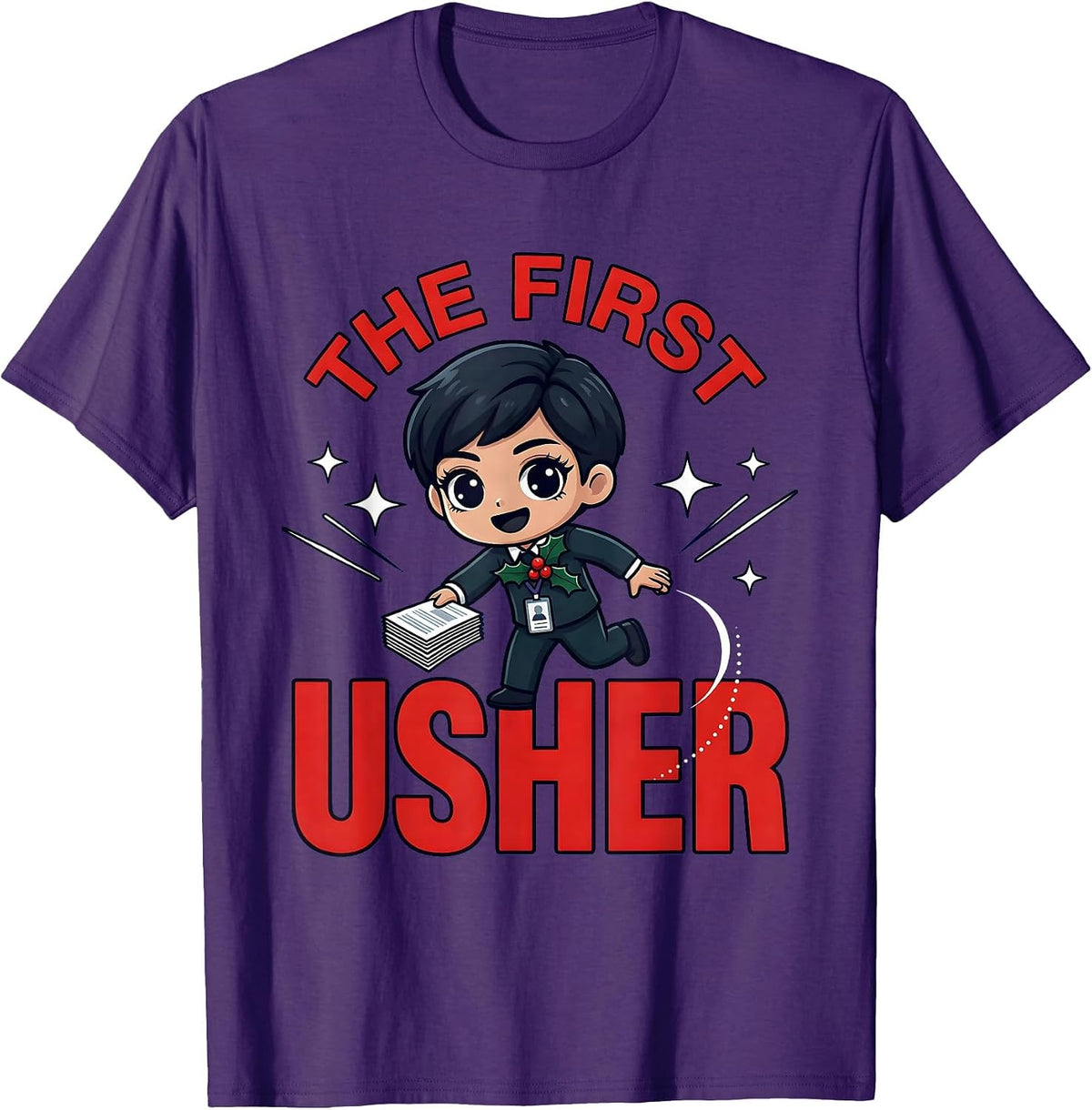 Men's THE FIRST USHER Funny School Staff Christmas Cartoon T-Shirt - Purple