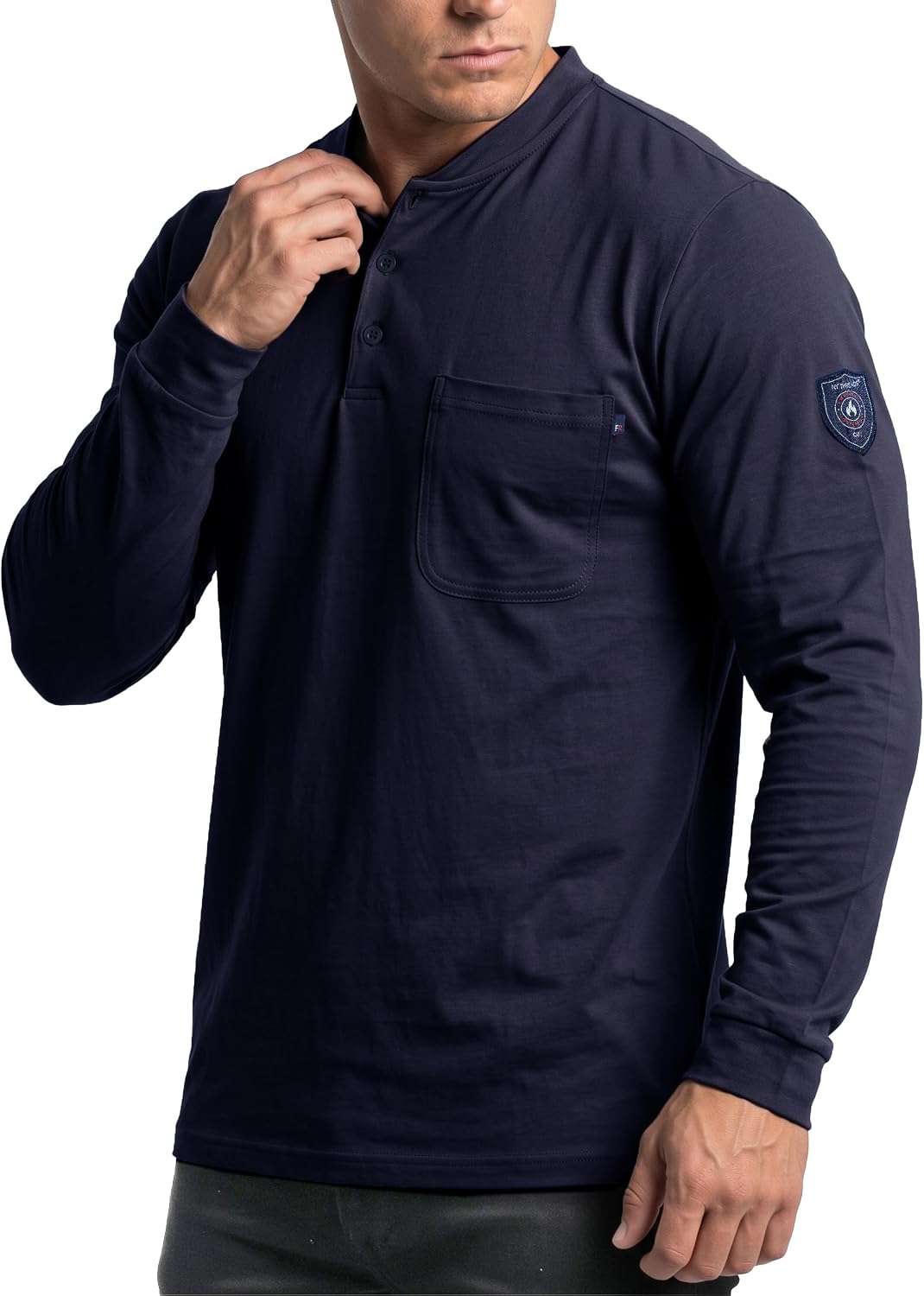 NY Threads 100% Cotton FR Shirts for Men Long Sleeve Henley Shirt 6Oz CAT2 - Navy Blue