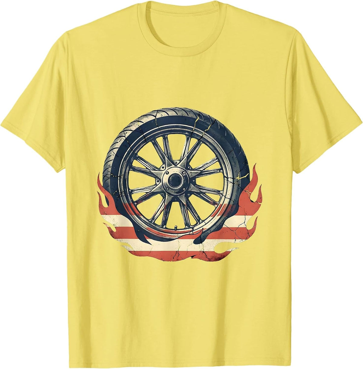 Men's Patriotic Motorcycle Wheel Flag Flame Graphic T-Shirt - Lemon Yellow