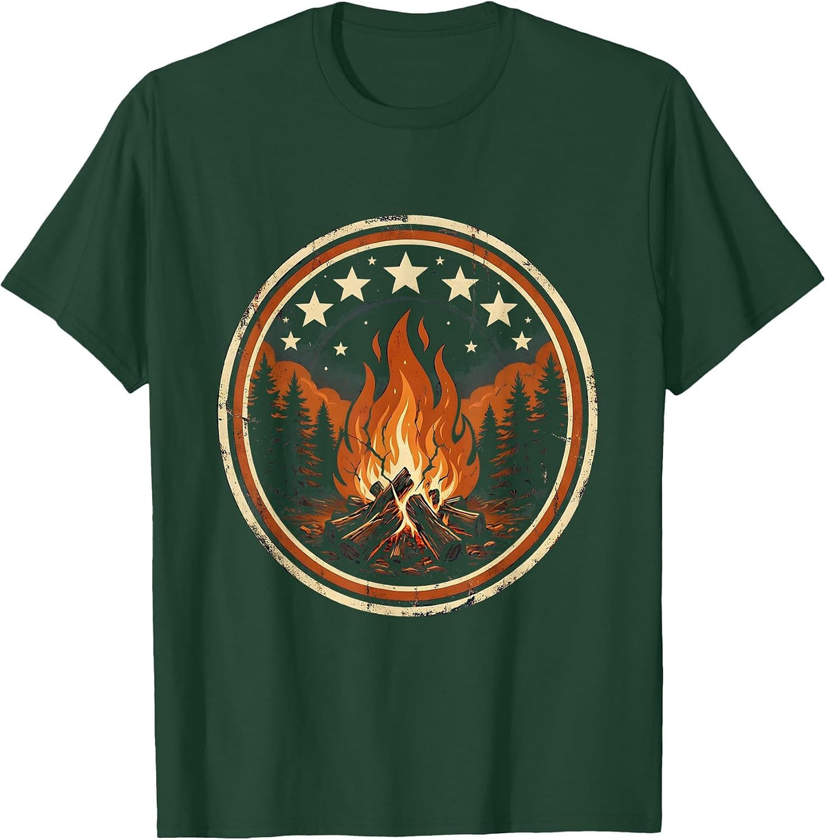 Campfire Under a Starry Night Sky Illustration T-Shirt - Dark Green