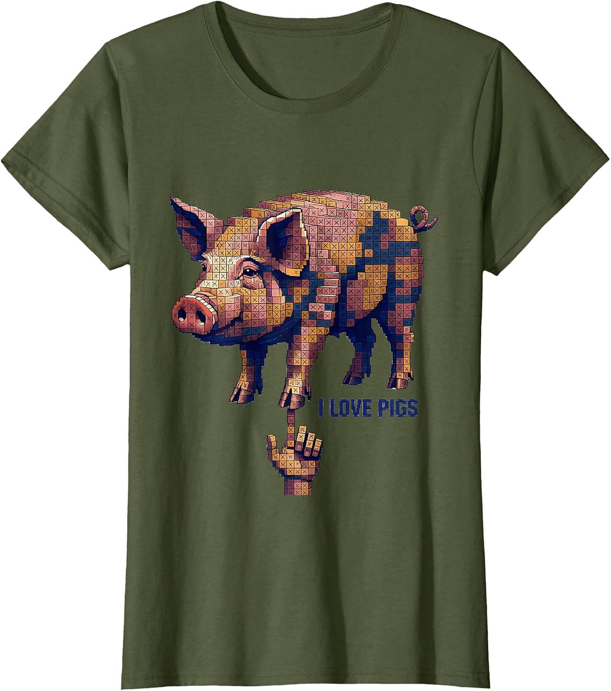 Women's I Love Pigs Funny Farm Animal Lover Cross Stitch Sampler T-Shirt - Olive Green