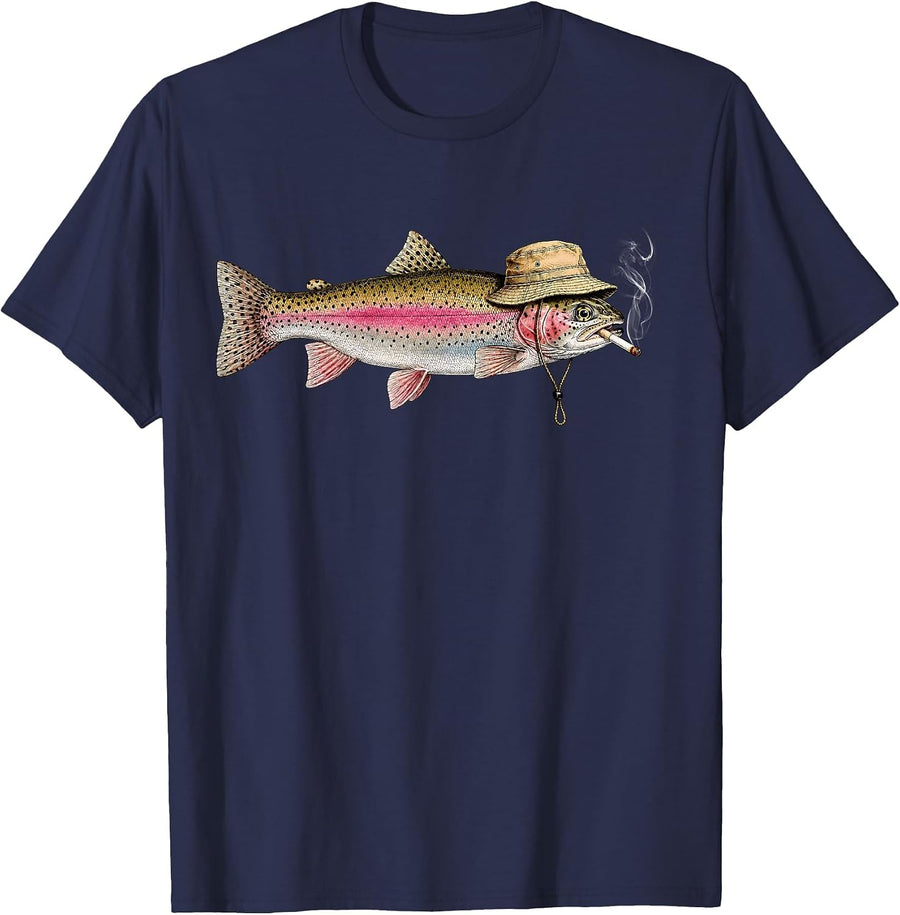 Rainbow Trout Bucket Hat Smoking Fish Smoking Fish Meme T-Shirt - Navy Blue