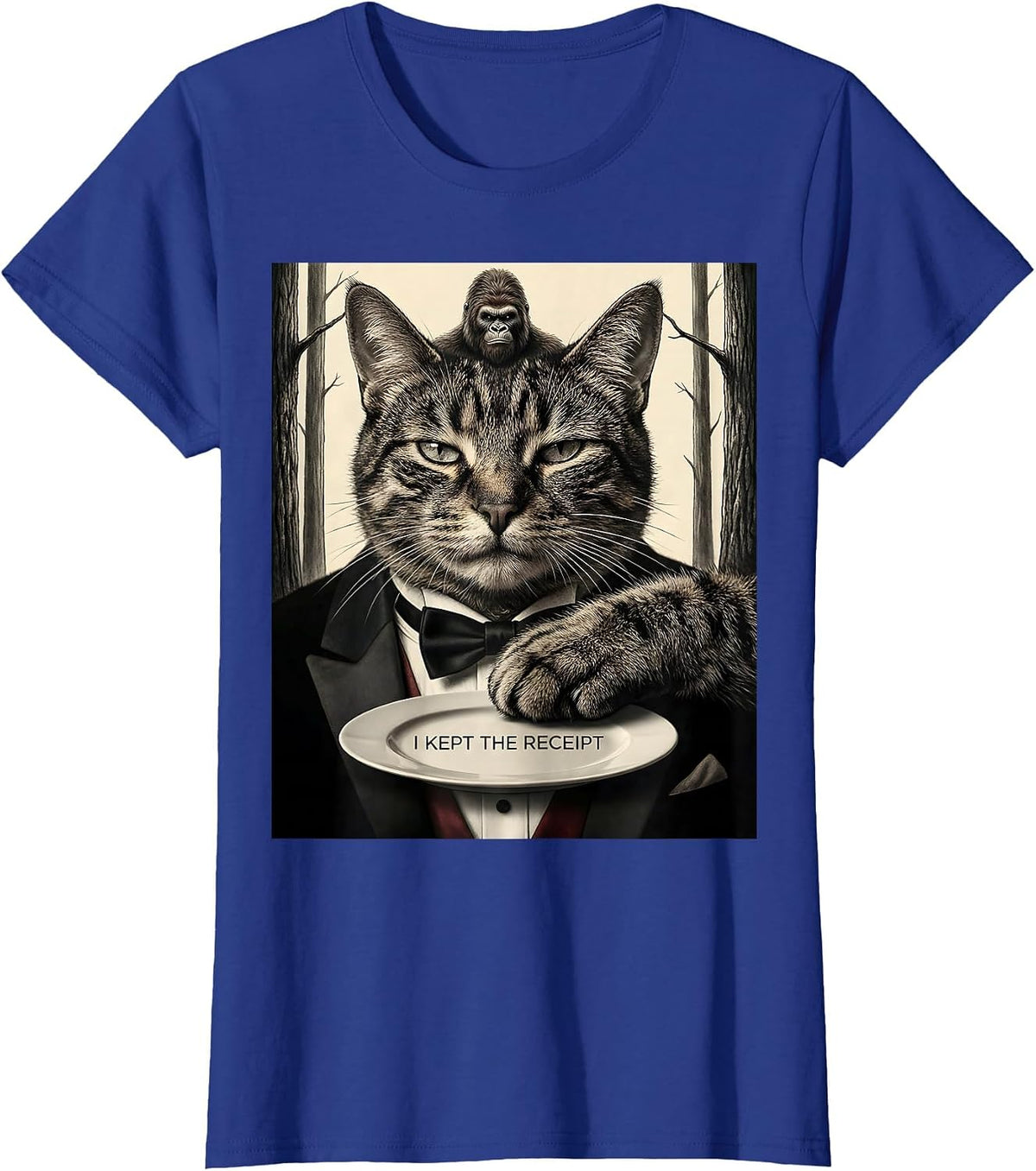 Women's I Kept The Receipt Funny Cat Selfie With Sasquatch Bigfoot T-Shirt - Royal Blue