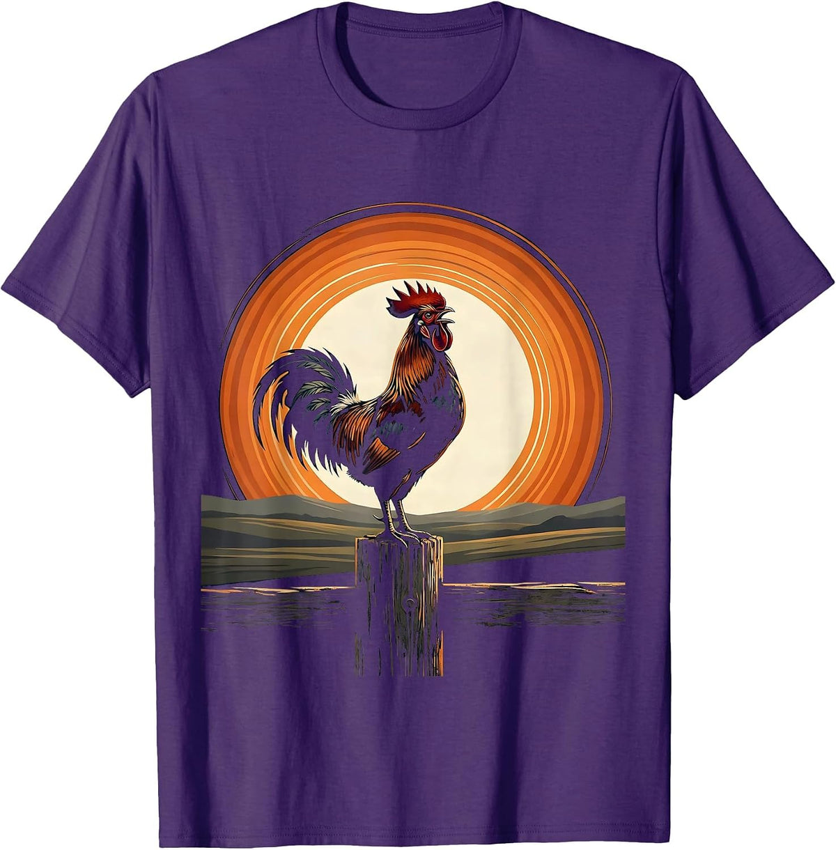 Men's Rooster Crowing on Fence Post Graphic T-Shirt - Purple