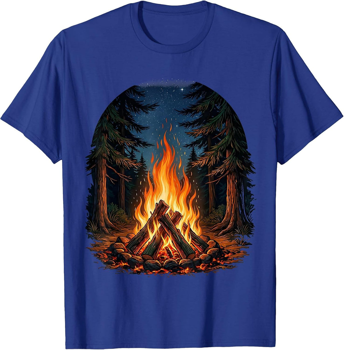 Men's Campfire Night Sky Pine Tree Wilderness Design T-Shirt - Royal Blue