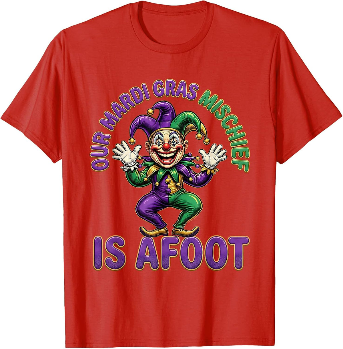 Men's Our Mardi Gras Mischief Is Afoot Retro Cartoon Jester T-Shirt - Red
