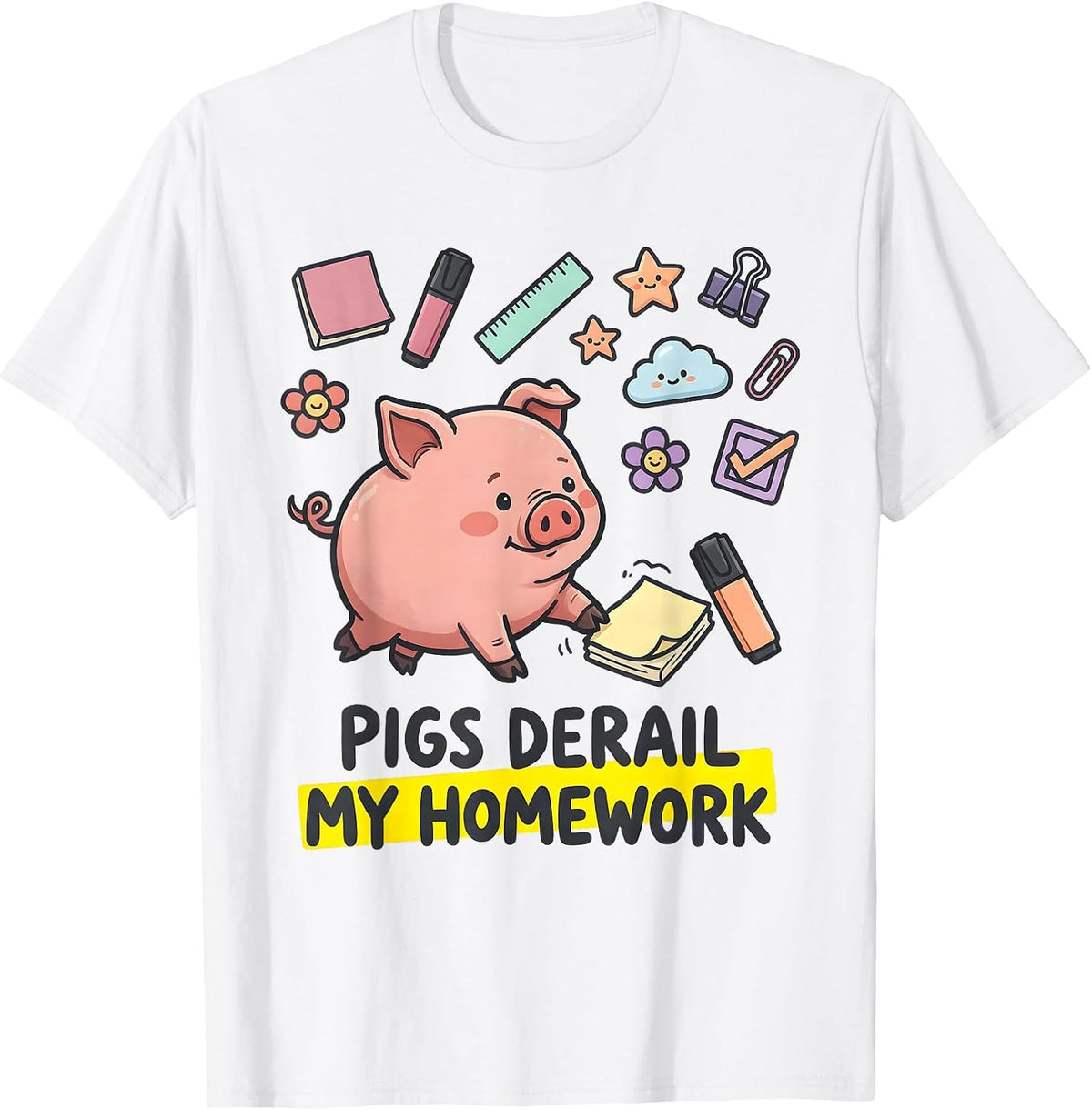 Men's Pigs Derail My Homework Funny Pig Lover Kawaii Stationery T-Shirt - White
