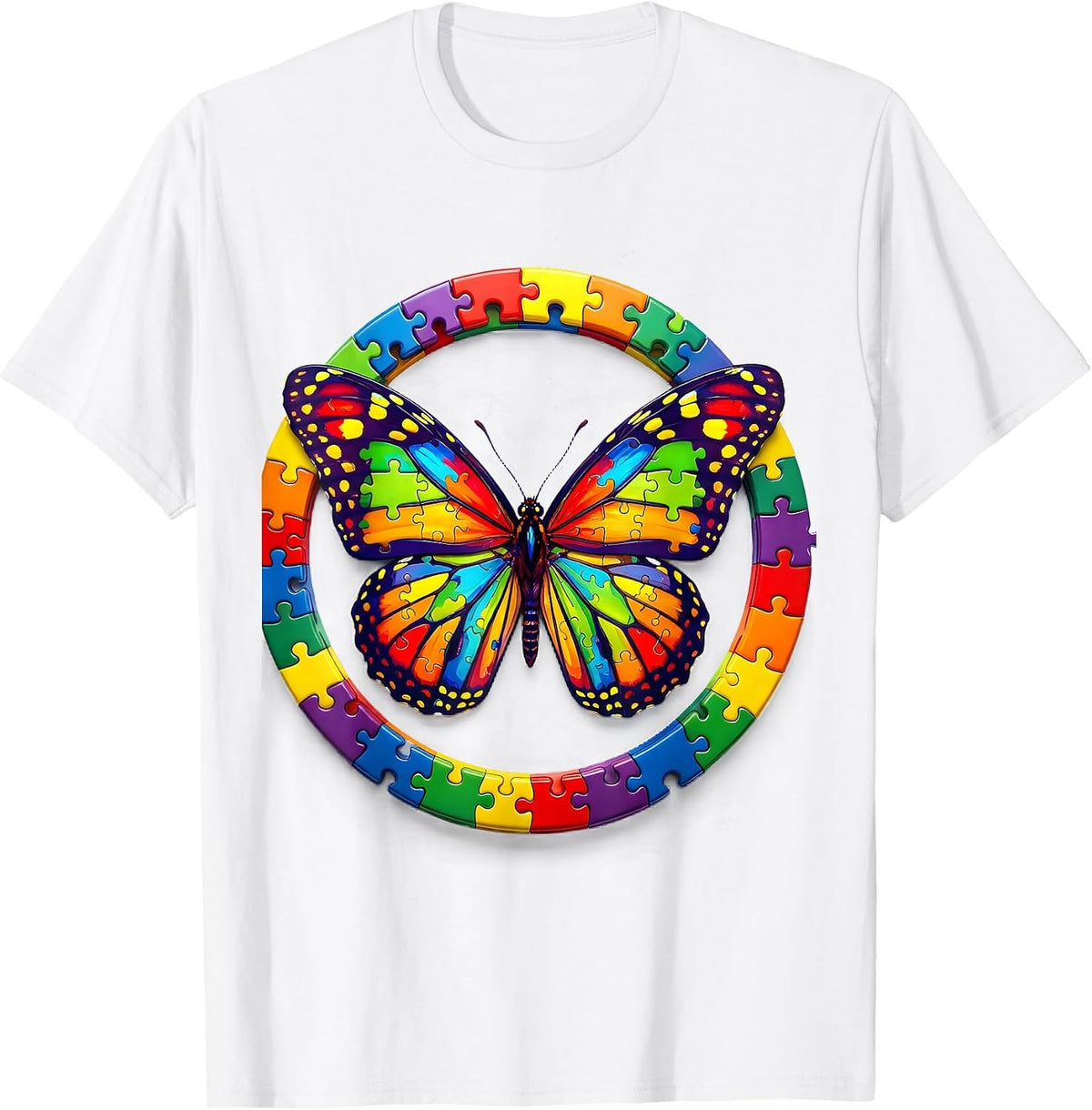 Men's Autism Awareness Colorful Puzzle Butterfly Design T-Shirt - White