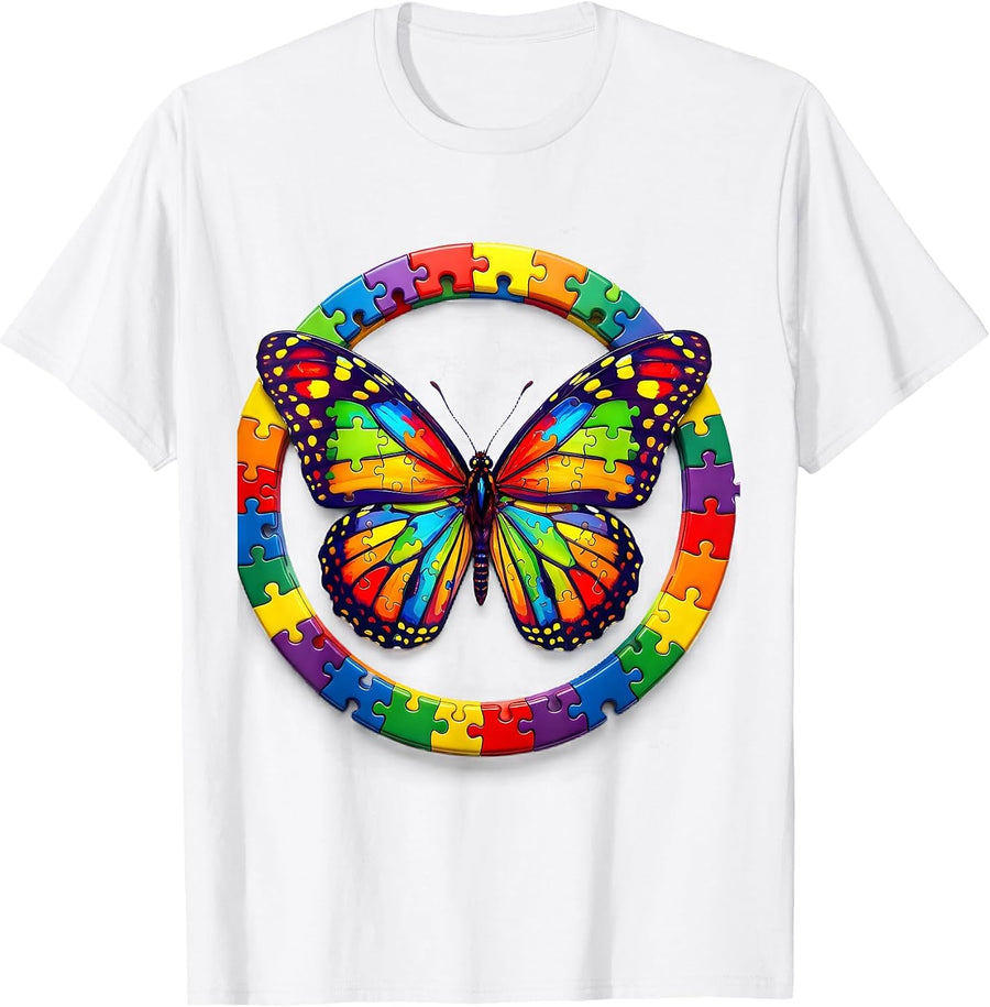 Men's Autism Awareness Colorful Puzzle Butterfly Design T-Shirt - White