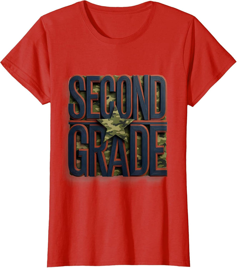 Women's Second Grade Wood Type Letterpress Patriotic Camo Back T-Shirt - Red