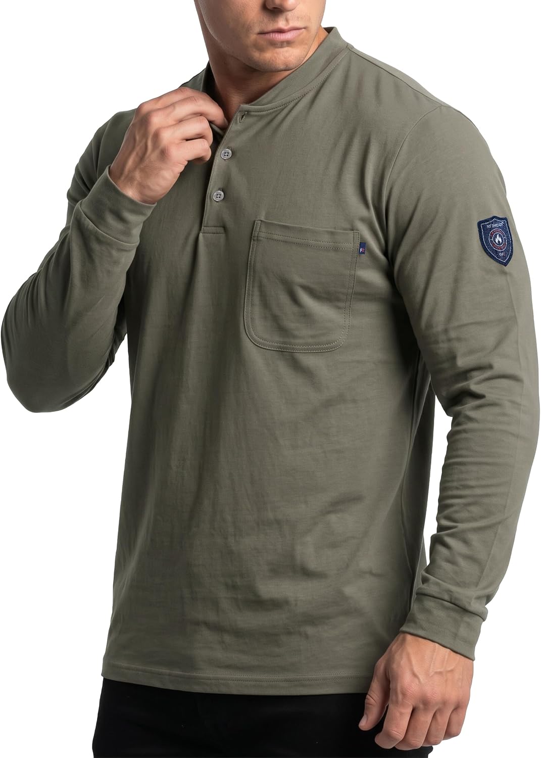 NY Threads 100% Cotton FR Shirts for Men Long Sleeve Henley Shirt 6Oz CAT2 - Army Green