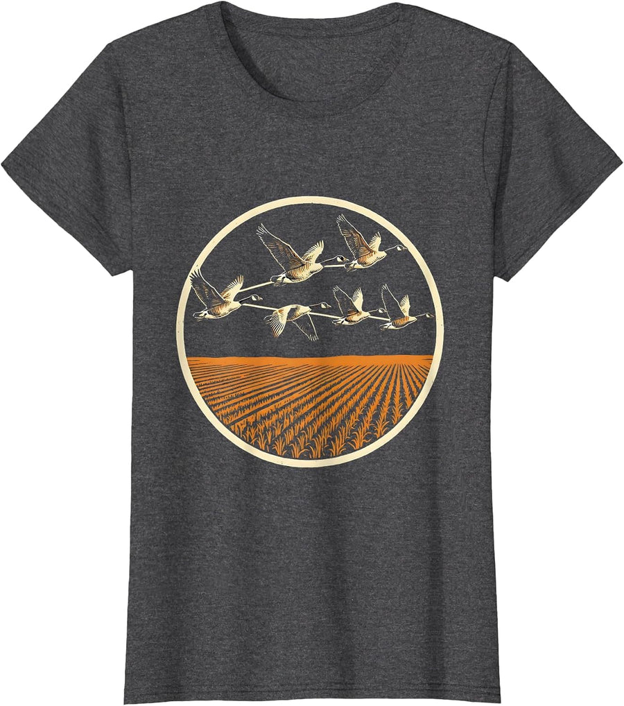Women's Goose Flock Descending Over Harvested Cornfield T-Shirt - Dark Heather Grey