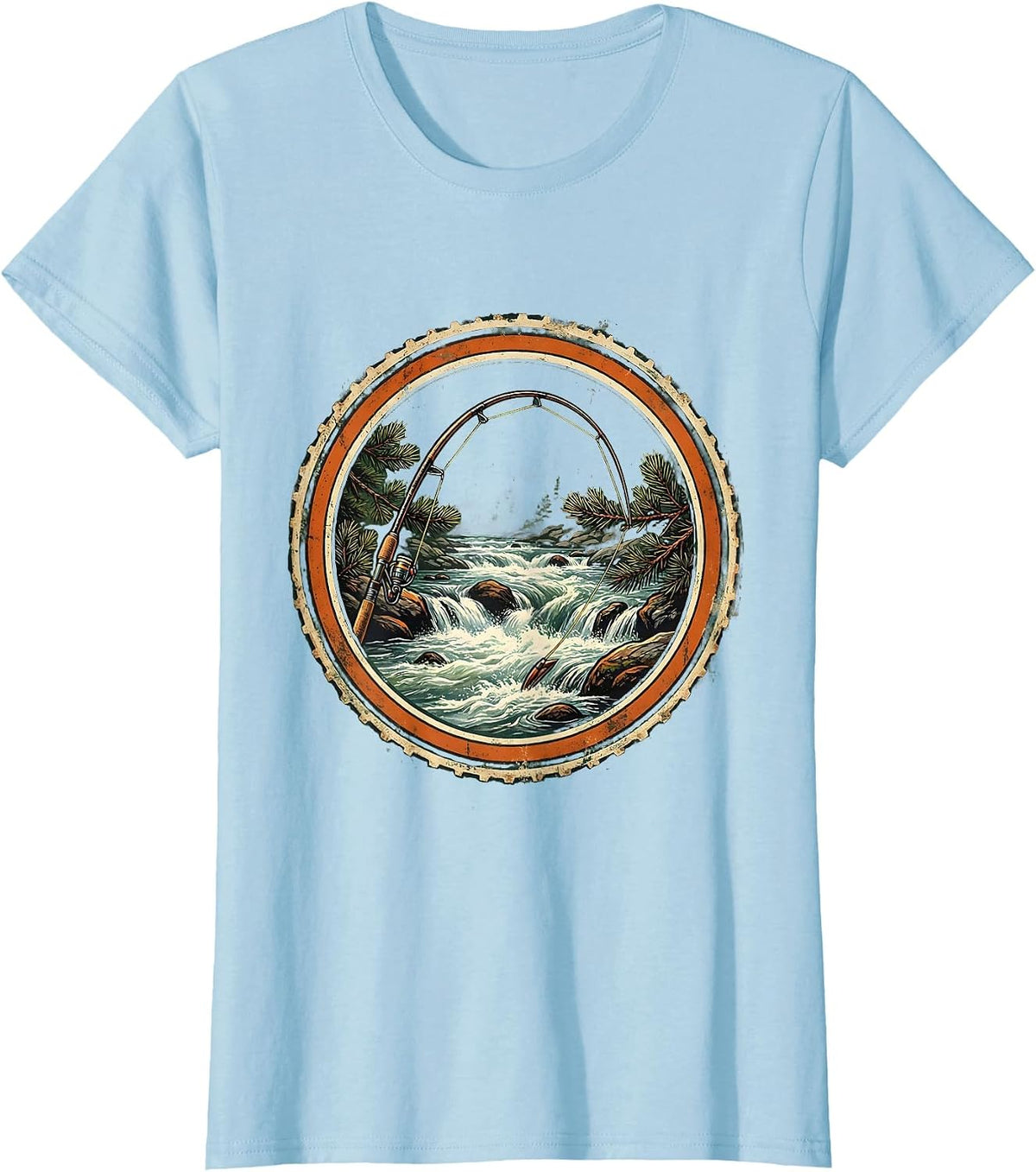 Fly Fishing Rod Over River Rapids Graphic T-Shirt - Baby Blue