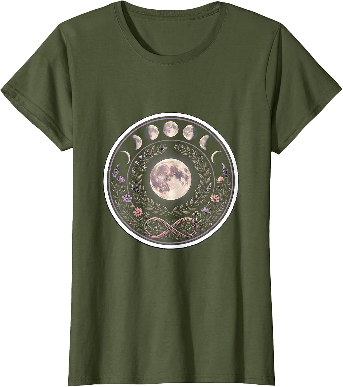 Women's Autism Awareness Moon Phase Floral Wreath Design T-Shirt - Olive Green