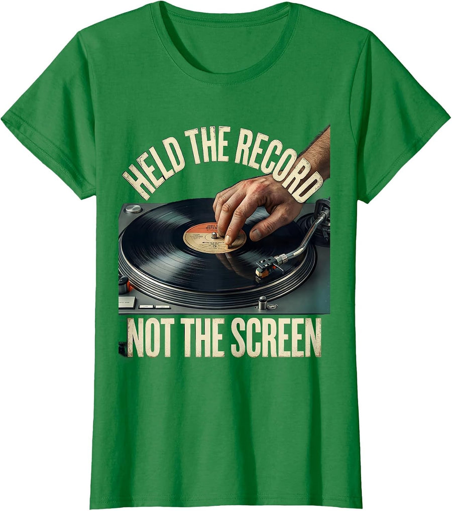 Women's Held The Record, Not The Screen Distressed DJ Gift Vintage T-Shirt - Kelly Green