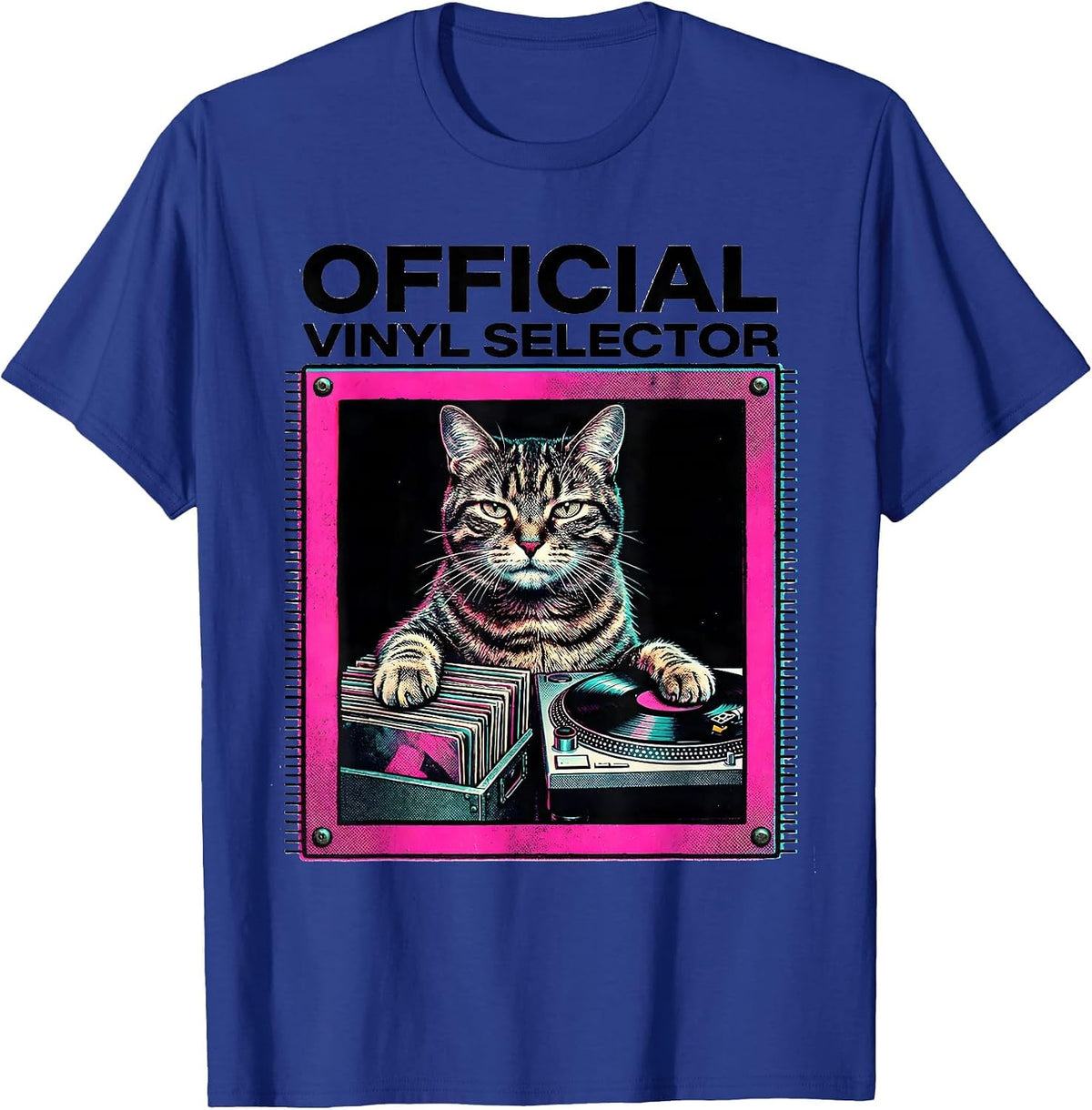Official Vinyl Selector Risograph Funny Cat DJ Rock Music T-Shirt - Royal Blue