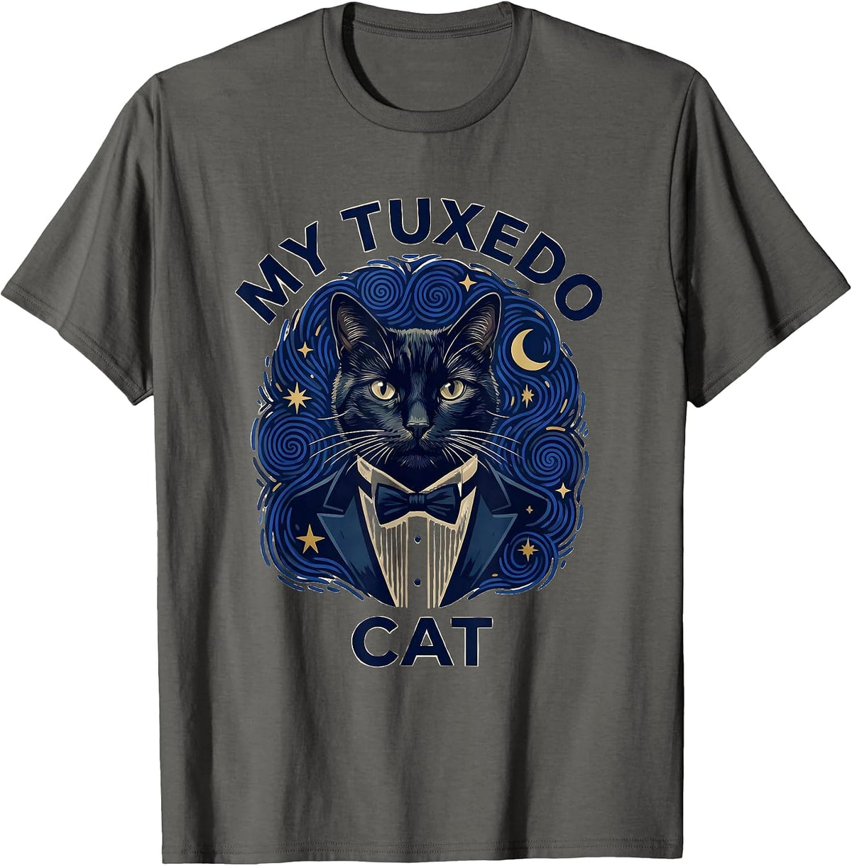 Men's My Tuxedo Cat Artistic Van Gogh Starry Night Pet Portrait T-Shirt - Asphalt Grey