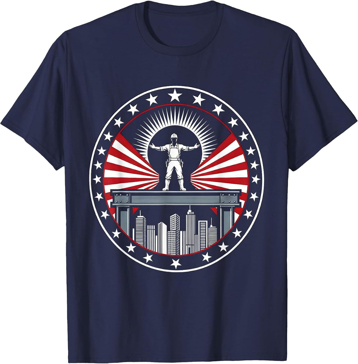 Ironworker Steel Beam City Skyline Graphic T-Shirt - Navy Blue