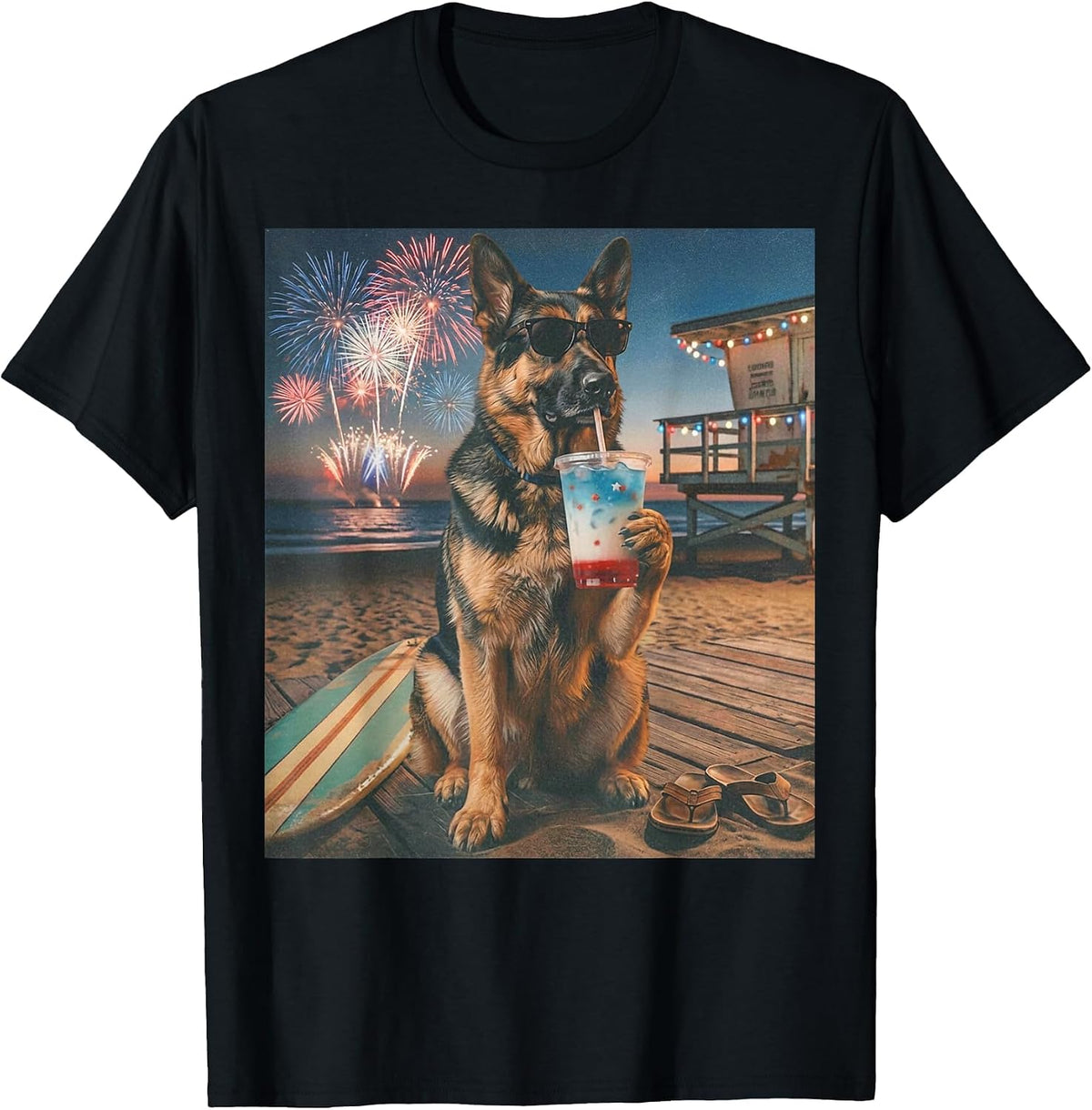 Funny German Shepherd Patriotic Beach Fireworks Dog Art T-Shirt - Black
