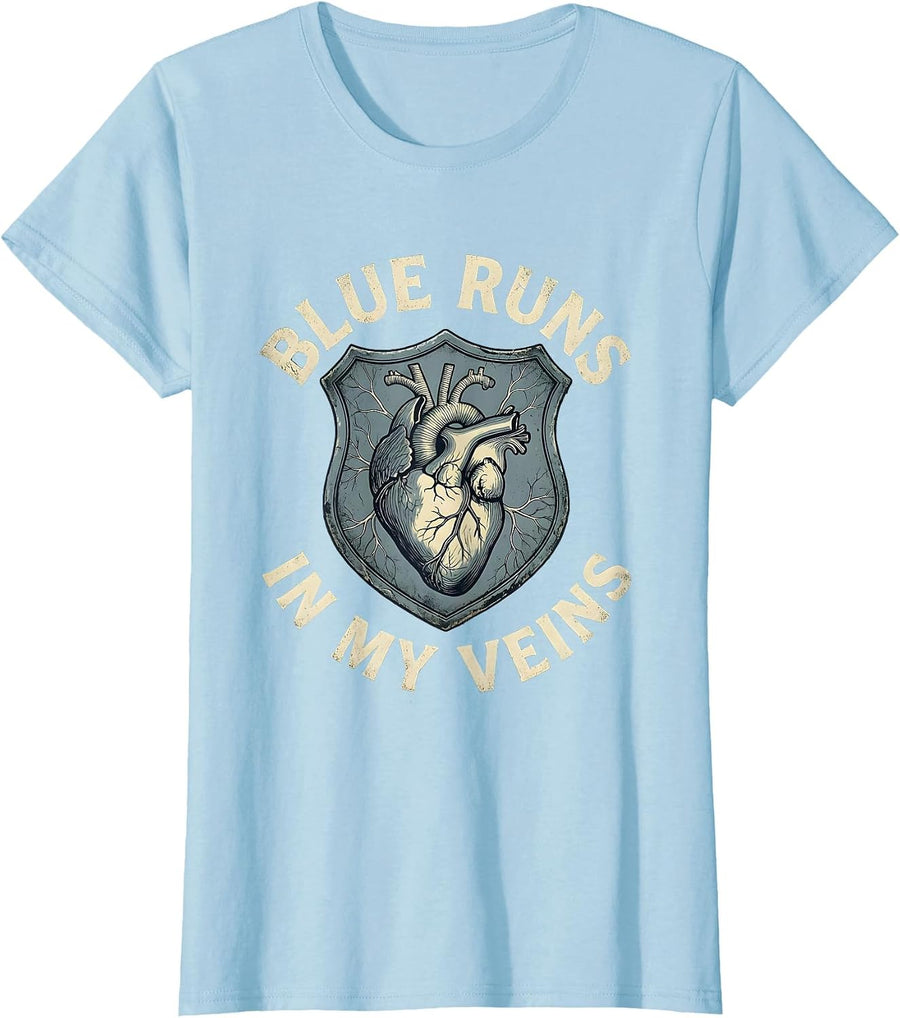 Women's Blue Runs In My Veins Police Pride Design T-Shirt - Baby Blue