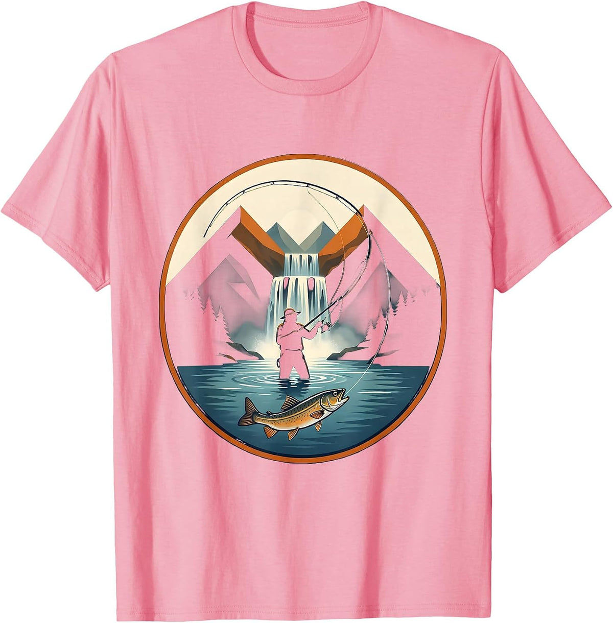 Fly Fisherman Mountain Waterfall Casting Graphic T-Shirt - Pink