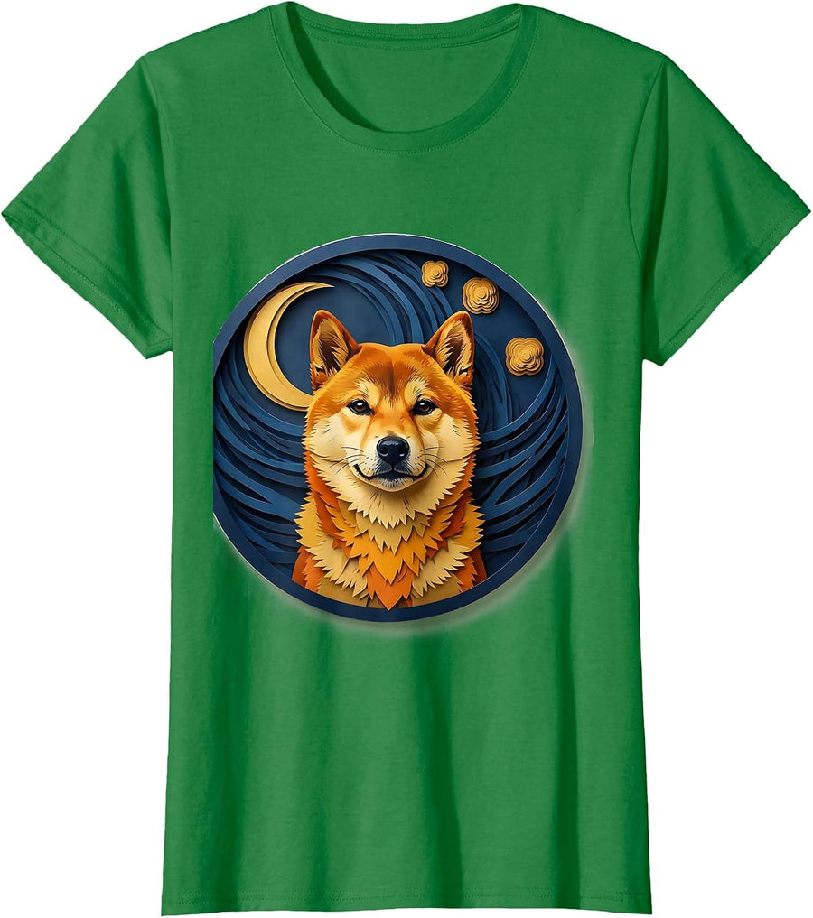 Women's Shiba Inu Van Gogh Style Starry Night Paper Cutout T-Shirt - Kelly Green