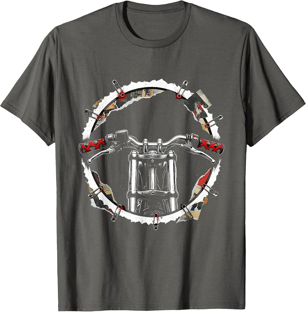 Men's Motorcycle Handlebars Leather Grips Graphic Tee T-Shirt - Asphalt Grey
