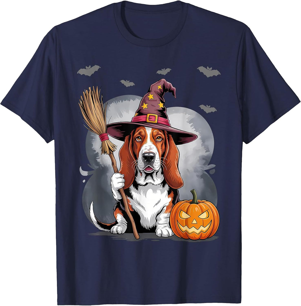 Cute Halloween Basset Hound Dog Fall Women's Graphic T-Shirt - Navy Blue