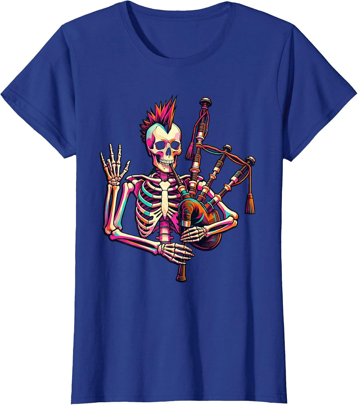 Women's Punk Skeleton Bagpipes Risograph Rock Music Fan T-Shirt - Royal Blue