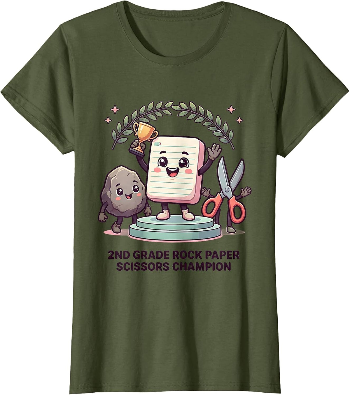 2nd Grade Rock Paper Scissors Champion Cute Kawaii Back T-Shirt, Women, Olive Green, Large - As Pictured