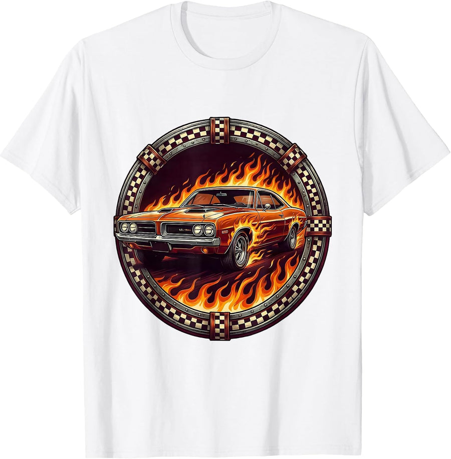 Men's Vintage Muscle Car Racing Flames Graphic T-Shirt - White