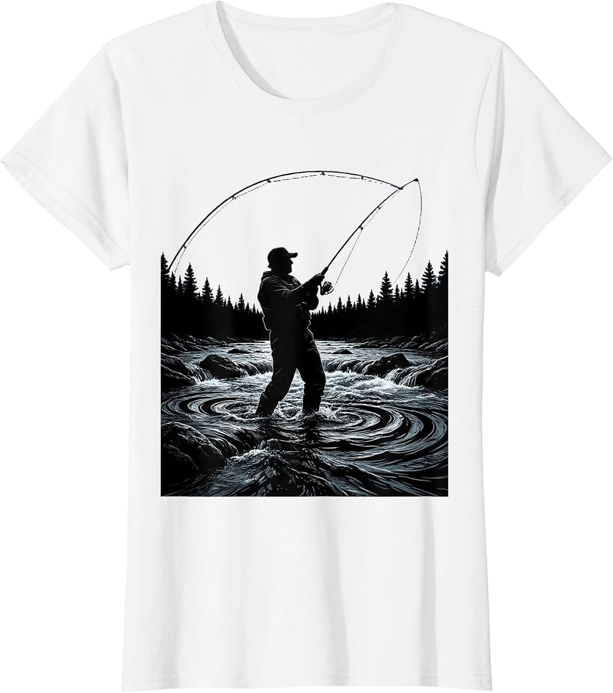 Fly Fishing Waders in River Graphic T-Shirt - White