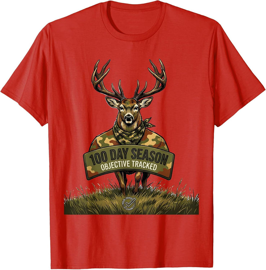 Men's 100 Day Season Objective Tracked Camo Deer Hunting Boys T-Shirt - Red