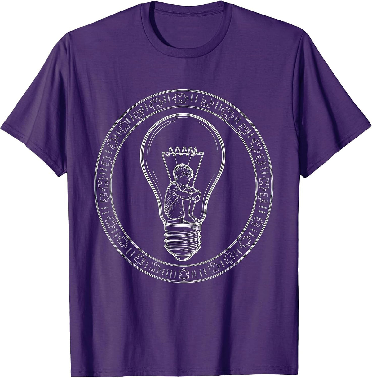 Autism Awareness Child Silhouette Lightbulb Design T-Shirt - Purple