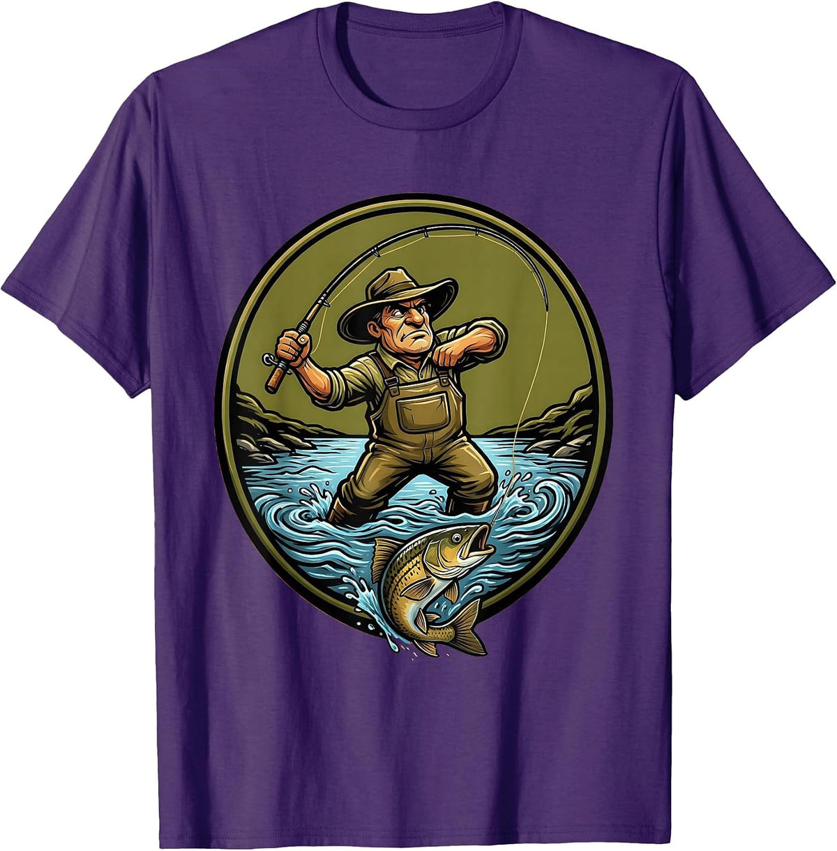 Fly Fisherman Waders and Fly Rod Graphic T-Shirt - Purple