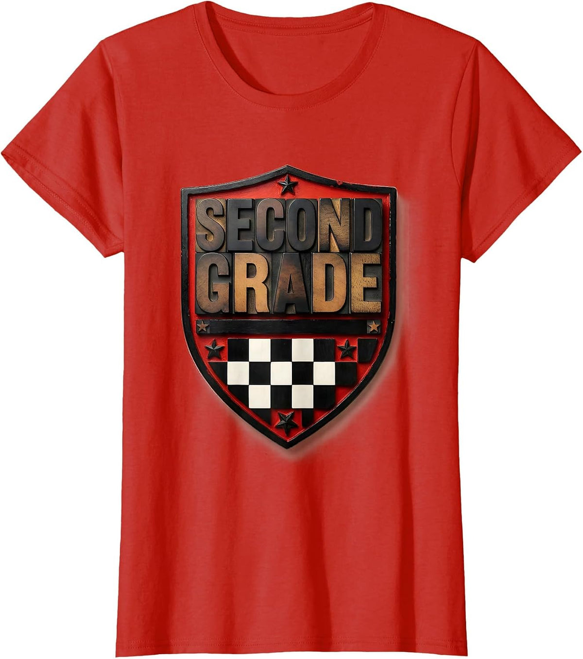 Second Grade Wood Type Letterpress Retro Checkered Back T-Shirt - Red