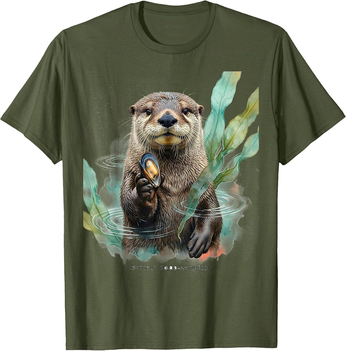 Otterly Good-Natured Cute Otter Lover Watercolor Humor T-Shirt - Olive Green