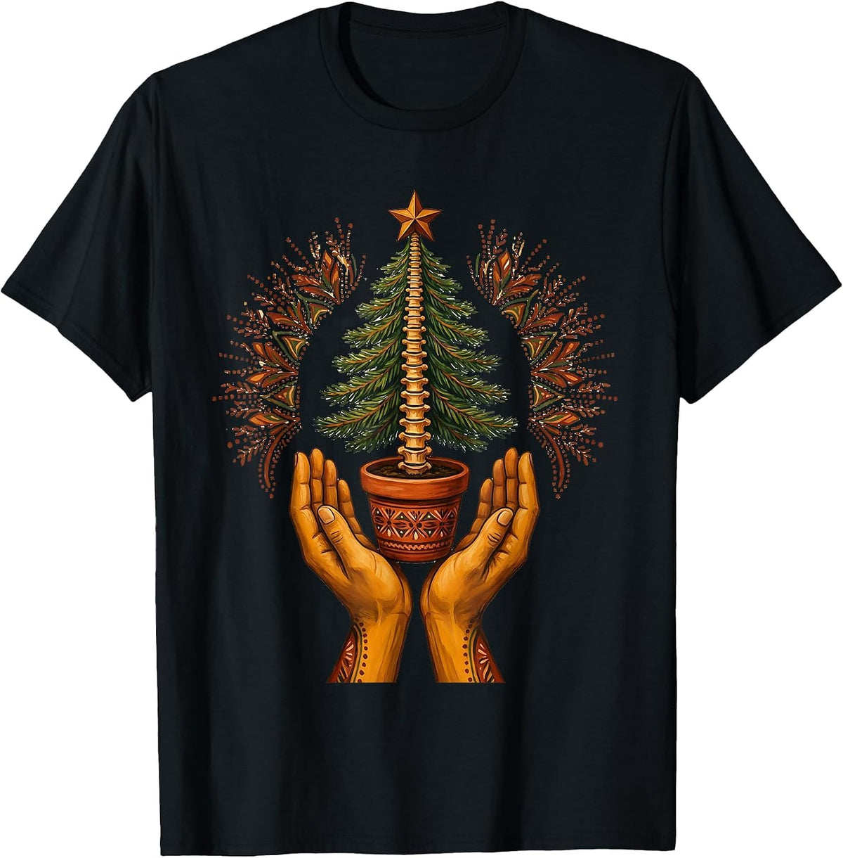 Men's Symmetrical Hands Offering Evergreen Folk Art Chiropractor T-Shirt - Black