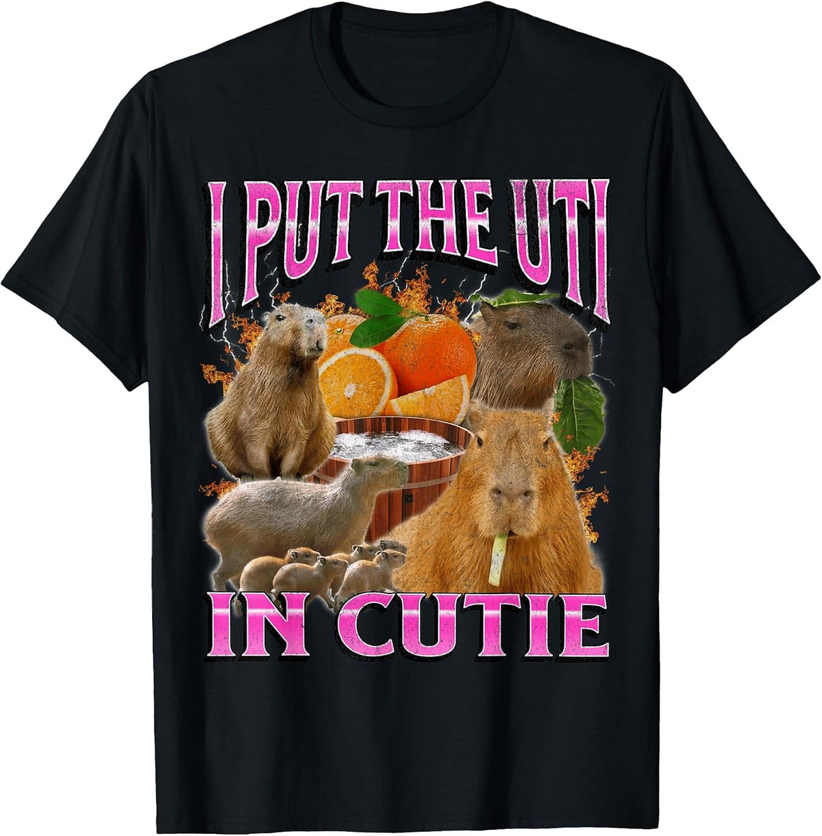 Put The UTI in Cutie Funny Capybara Meme Bootleg Y2K Graphic T-Shirt - Black