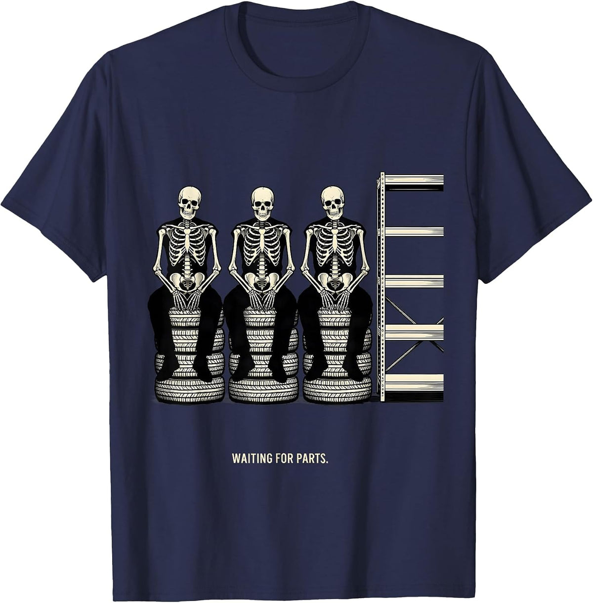 Waiting For Parts Funny Mechanic Skeleton Auto Repair Humor T-Shirt - Navy Blue