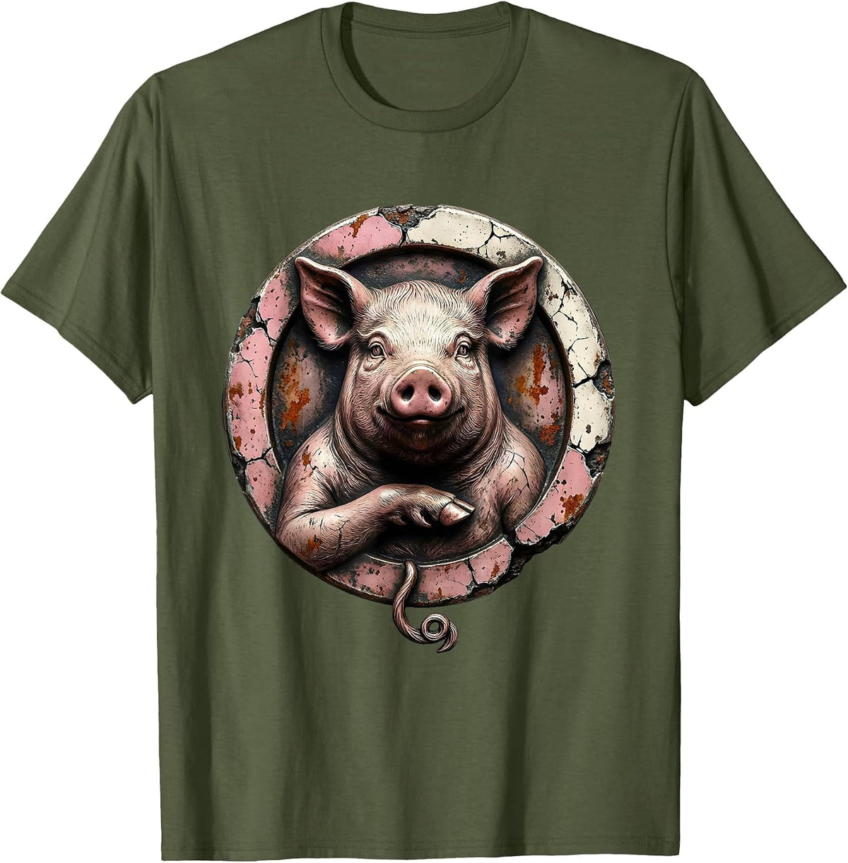 Men's Distressed Pig Badge Farm Animal Lover Humor T-Shirt - Olive Green