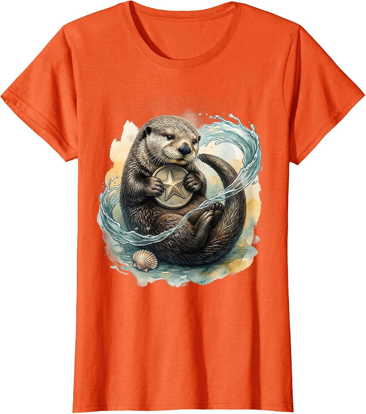 Curled Sea Otter Star Hug Watercolor Otter Lover Gift T-Shirt - Orange