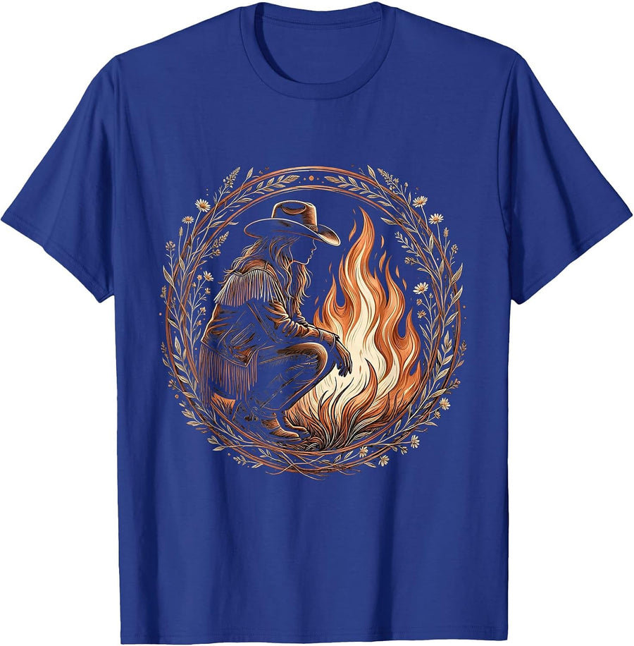 White Cowgirl by the Campfire at Night T-Shirt - Royal Blue