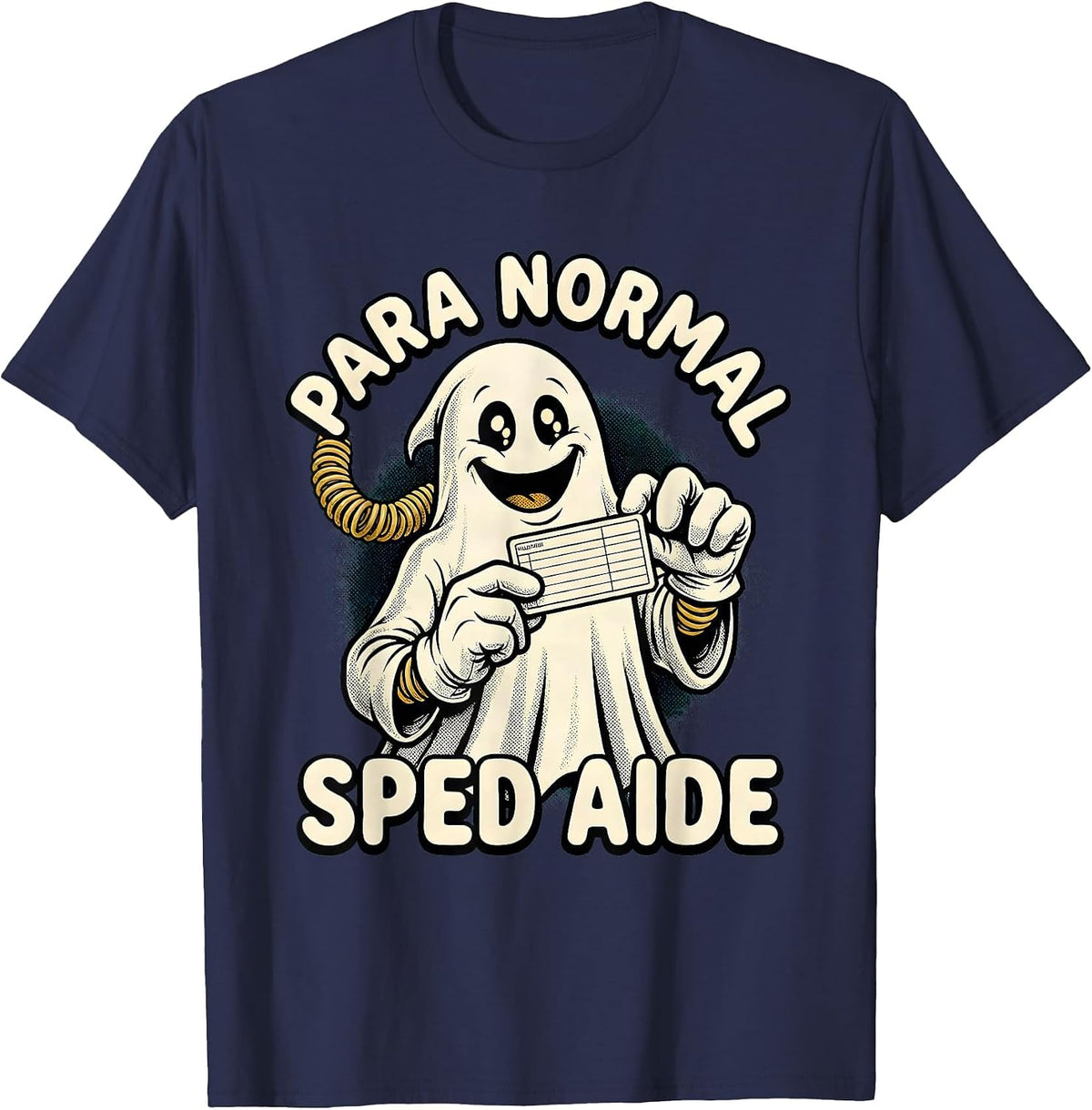 Men's Para Normal SPED Aide Retro Cartoon Ghost Halloween T-Shirt - Navy Blue